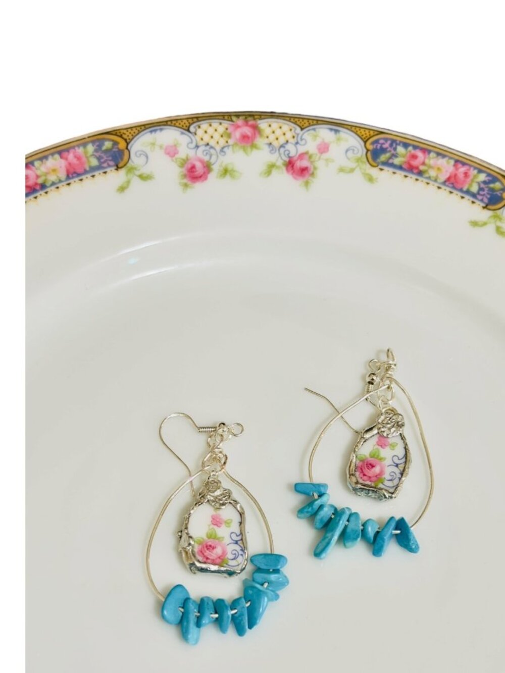 Bavaria Franklin 4177 Rose China Earrings - Genuine Turquoise Accents handmade - Picture 7 of 11